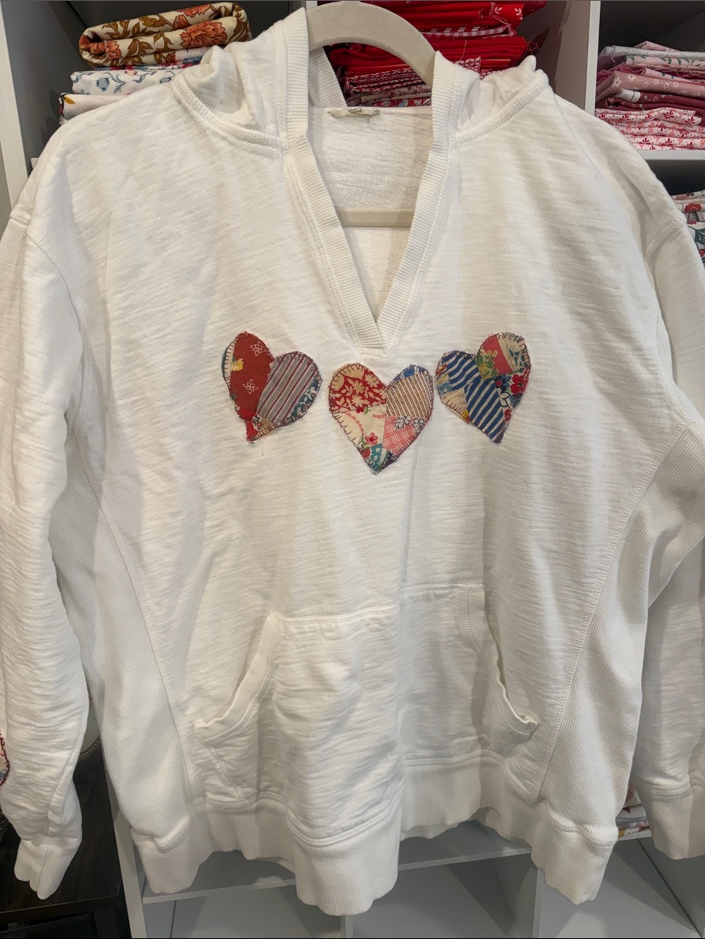 White Hoodie with repurpose vintage quilt blocks Patchwork Heart Trio!